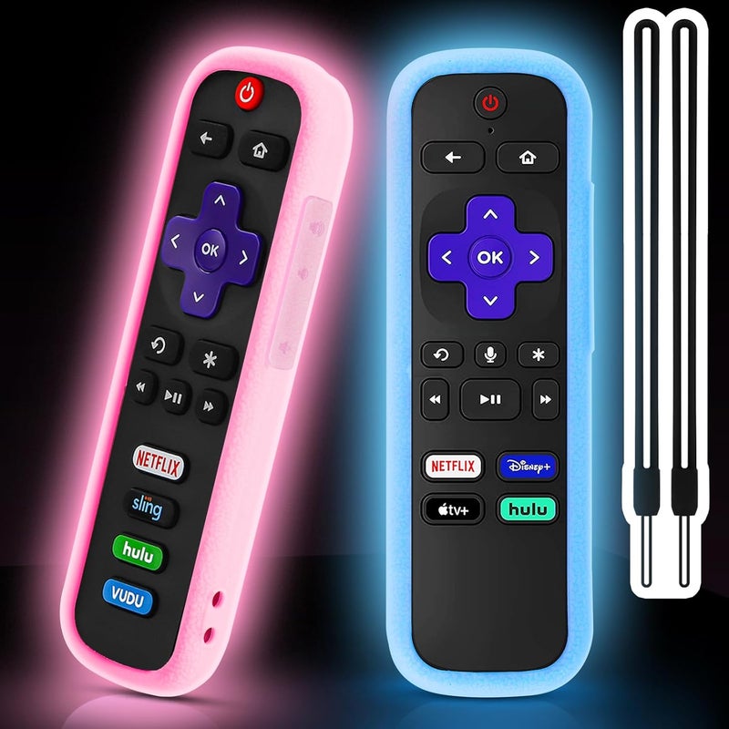 SOTATOO غطاء جهاز التحكم عن بعد 2 حزمة لجهاز Roku، غطاء بطارية لجهاز التحكم عن بعد لتلفاز TCL Roku الذكي، غلاف سيليكون لجهاز التحكم عن بعد لجهاز Roku، غلاف واقي عالمي لجهاز التحكم عن بعد يتوهج في الظلام باللونين الوردي والأزرق - Image 1